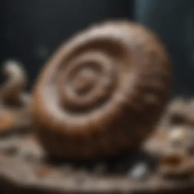 A collection of ammonite fossils displayed in a museum setting