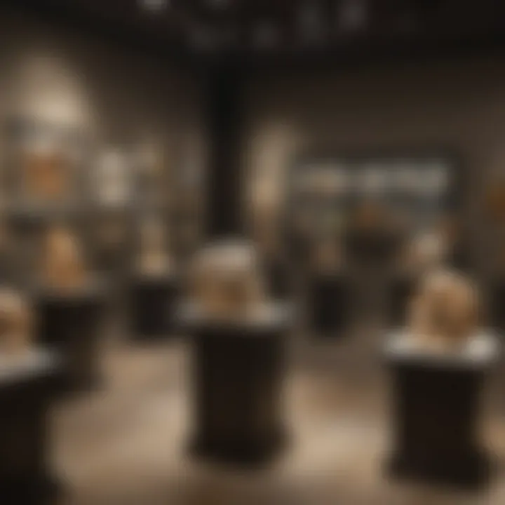 Elegant display stands showcasing an array of fossils in a museum setting