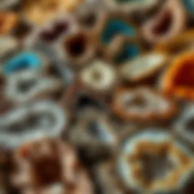 Diverse Collection of Natural Geodes A beautifully arranged collection of various natural geodes showcasing unique colors and textures