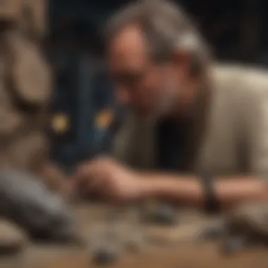 An expert appraiser examining an Indian artifact with various tools.