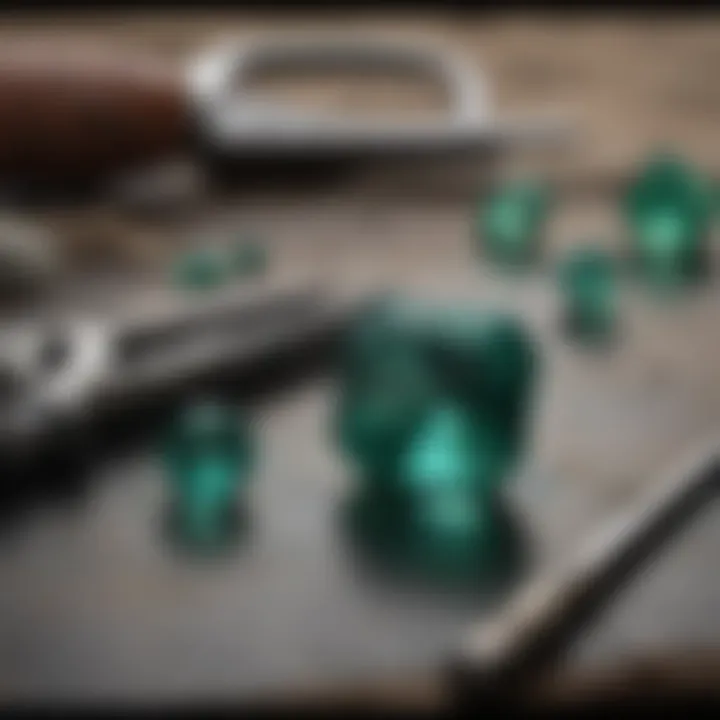 A close-up of emeralds alongside tools for appraisal, emphasizing the importance of evaluation.