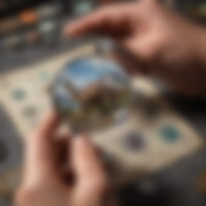 A philatelist examining dinosaur stamps under a magnifying glass