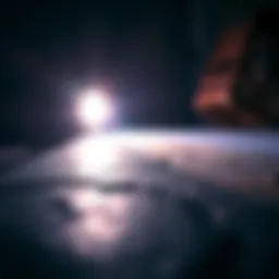 Close-up view of a powerful UV flashlight beam illuminating a surface