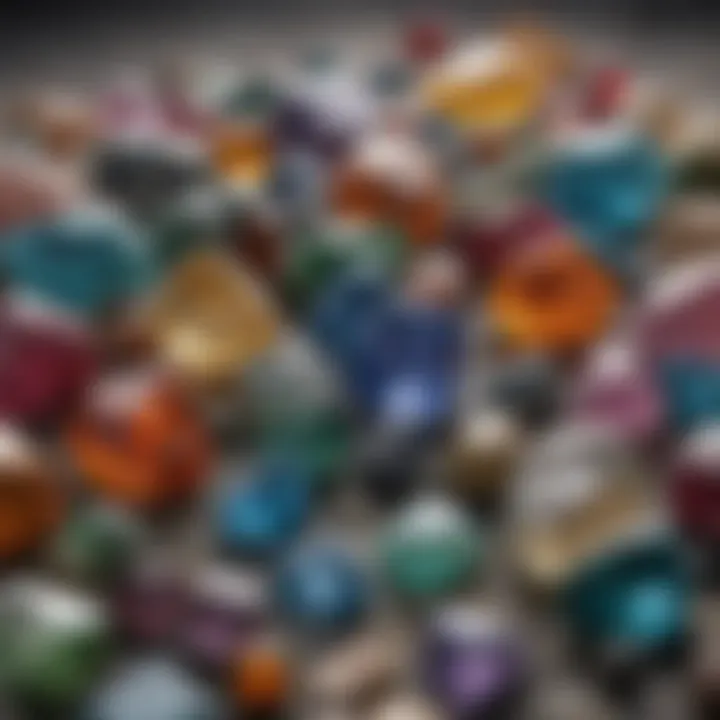 Close-up view of various raw gemstones showcasing their unique textures and colors.