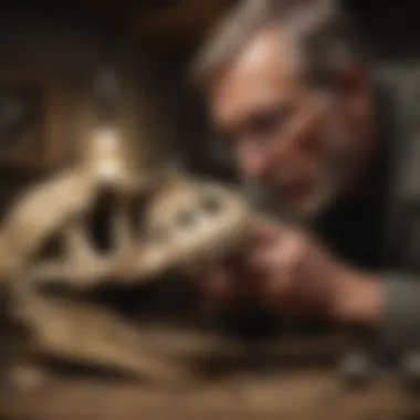 Collector examining a dinosaur skull with a magnifying glass