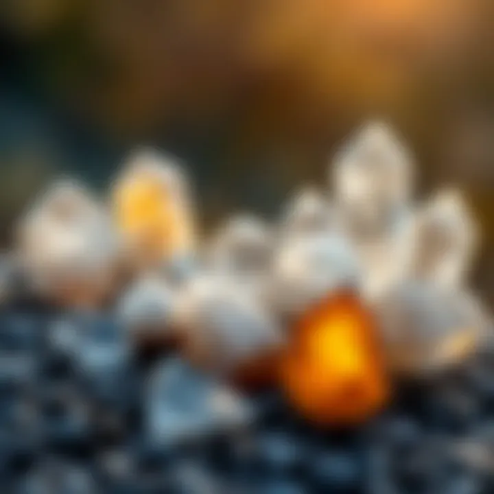 A variety of quartz crystals arranged aesthetically on a natural background