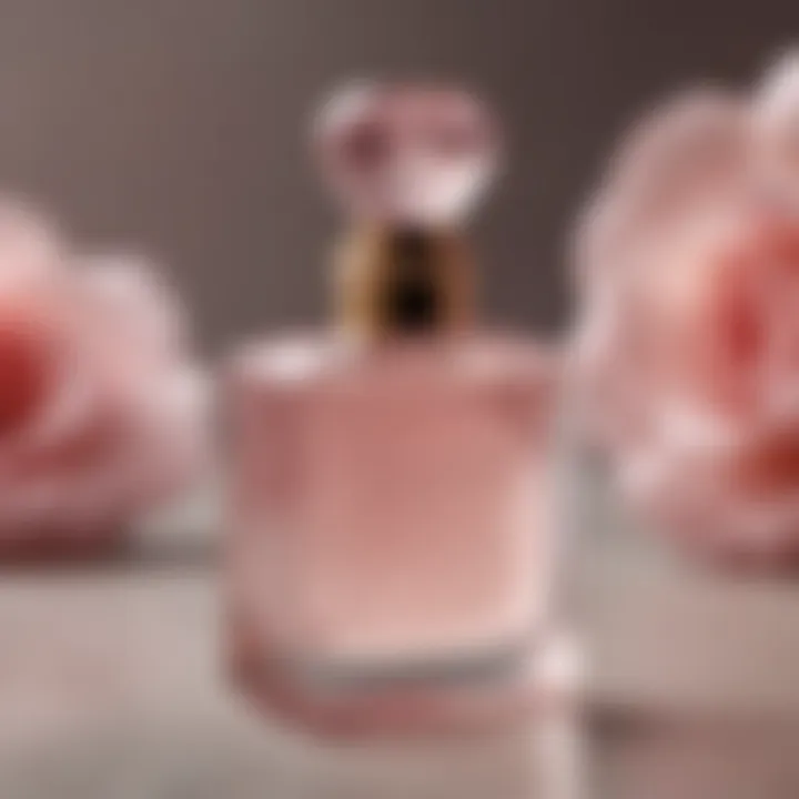 Close-up of a rose quartz perfume bottle glistening in natural light