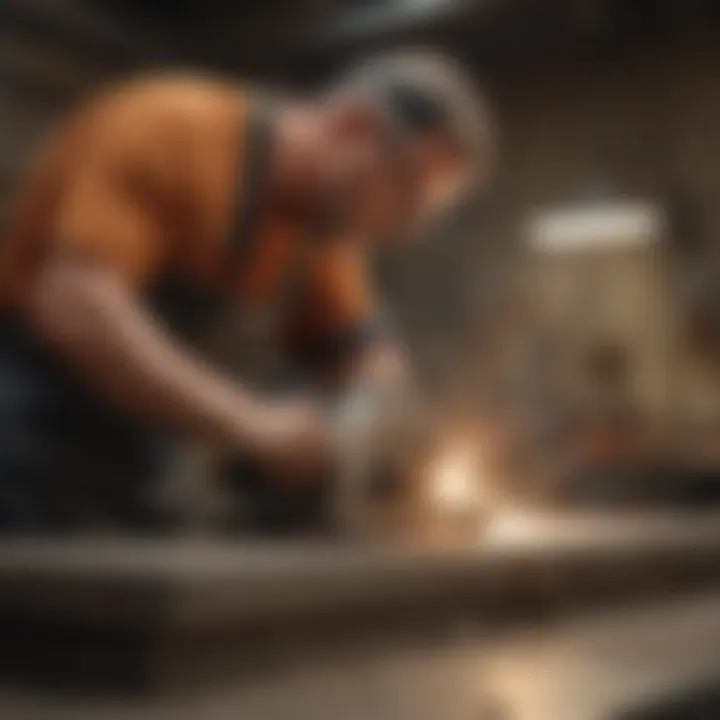 A technician performing maintenance on a slab cutting saw, emphasizing the importance of upkeep for optimal performance.