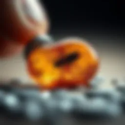 A close-up view of a stunning amber piece with an insect inclusion