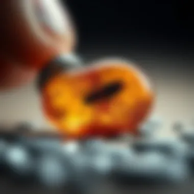 A close-up view of a stunning amber piece with an insect inclusion