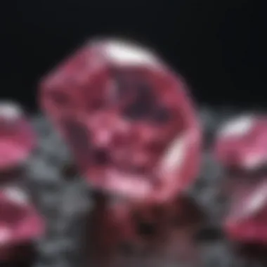 Close-up of the fluorescence effect in pink diamonds