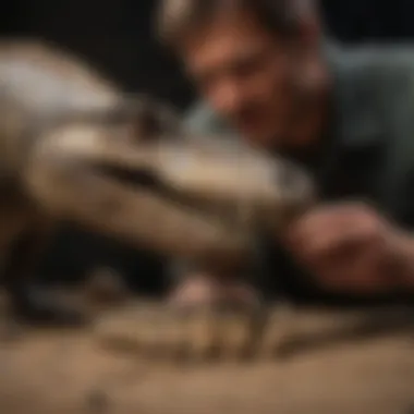 A collector inspecting Spinosaurus teeth for authenticity