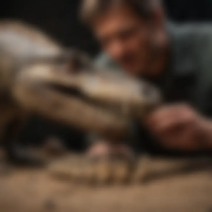 A collector inspecting Spinosaurus teeth for authenticity