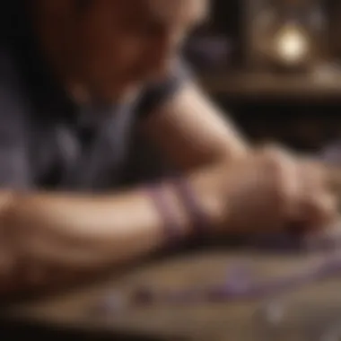 Artisan crafting an amethyst stretch bracelet with precision