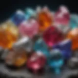 A close-up of various colorful gems and crystals on a natural stone surface.