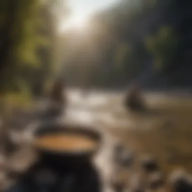 The Community of Gold Panning Enthusiasts Artistic representation of gold panning enthusiasts in a scenic landscape