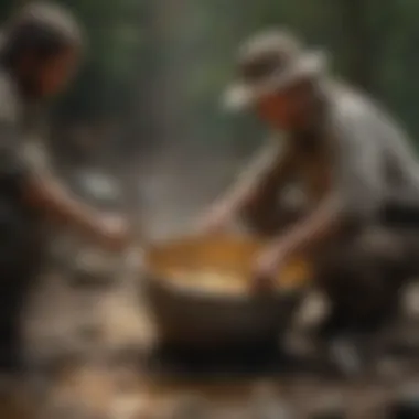 Traditional Gold Panning Techniques Historical depiction of gold panning methods with traditional tools
