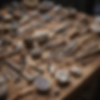 An array of cutting tools displayed on a workbench for geode preparation