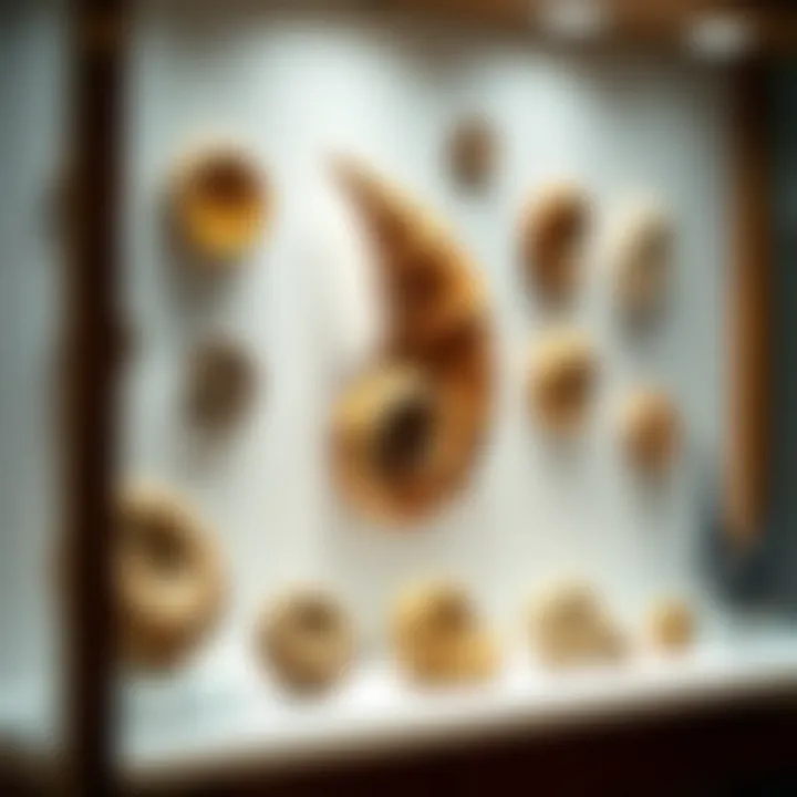 Close-up of polished fossil specimens in a display case