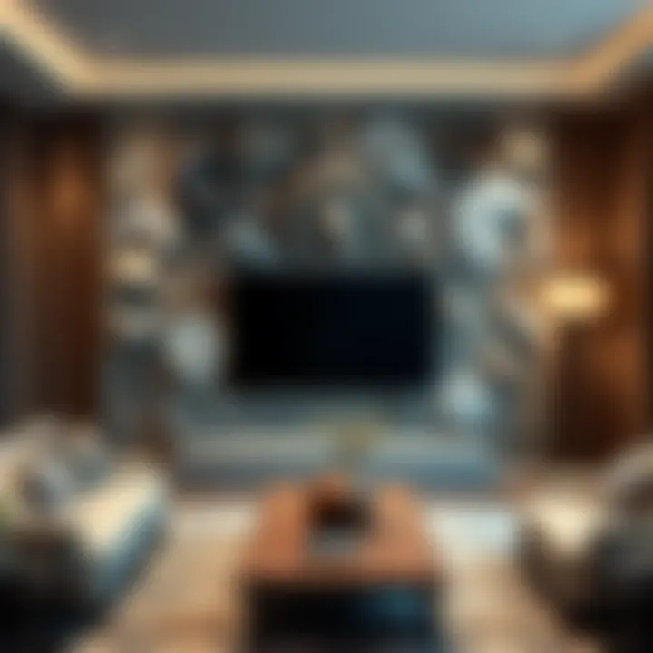 Stylish living room with fossil decor accent wall