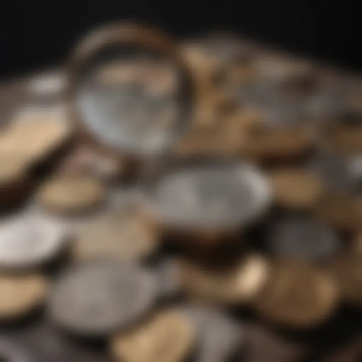 Close-up view of coins under a jeweler's loupe