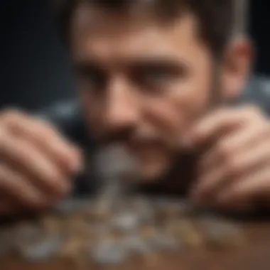 A collector examining coins with a loupe