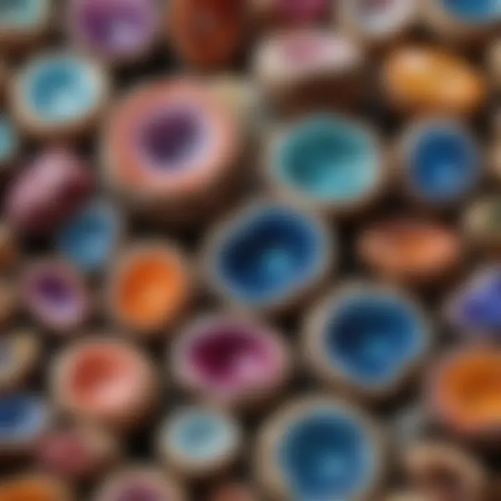 A beautifully arranged collection of colored geodes, illustrating their appeal as collectible items