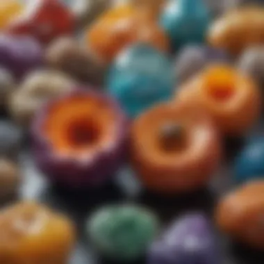 Various types of colored geodes displayed together, highlighting their unique characteristics