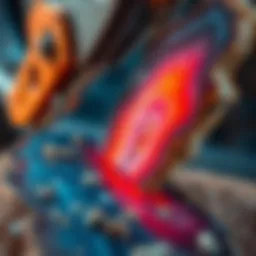 Close-up view of a rock saw cutting through a vibrant agate