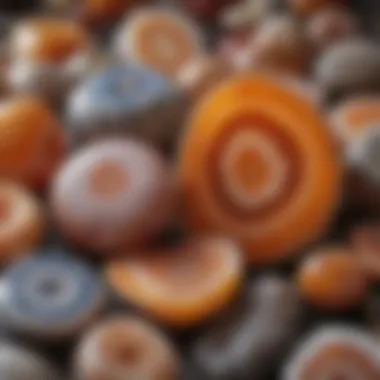 A collection of agate stones displaying various textures and hues.