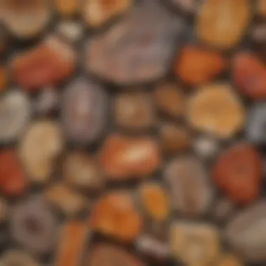 A collection of diverse types of petrified wood stumps displayed in an exhibition, highlighting their colors and textures.