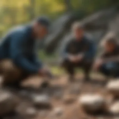 Collectors examining stones in a natural setting