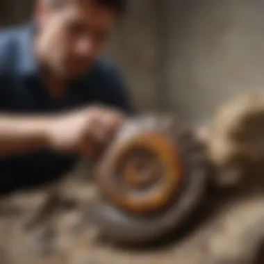 An expert examining an ammonite fossil under natural light, emphasizing the beauty and geological significance.