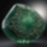 A close-up view of a polished jade stone showcasing its vibrant green color and intricate patterns.