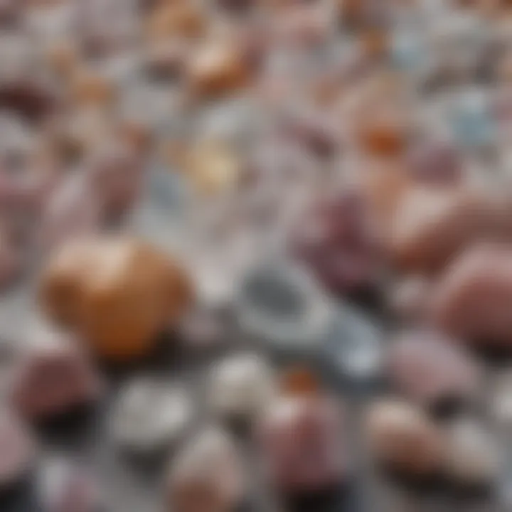An array of various quartz crystal types arranged artfully on a plush surface.