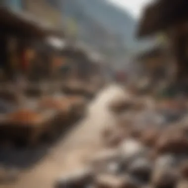 A vibrant local market scene with stalls filled with rocks, minerals, and eager buyers exploring their options.