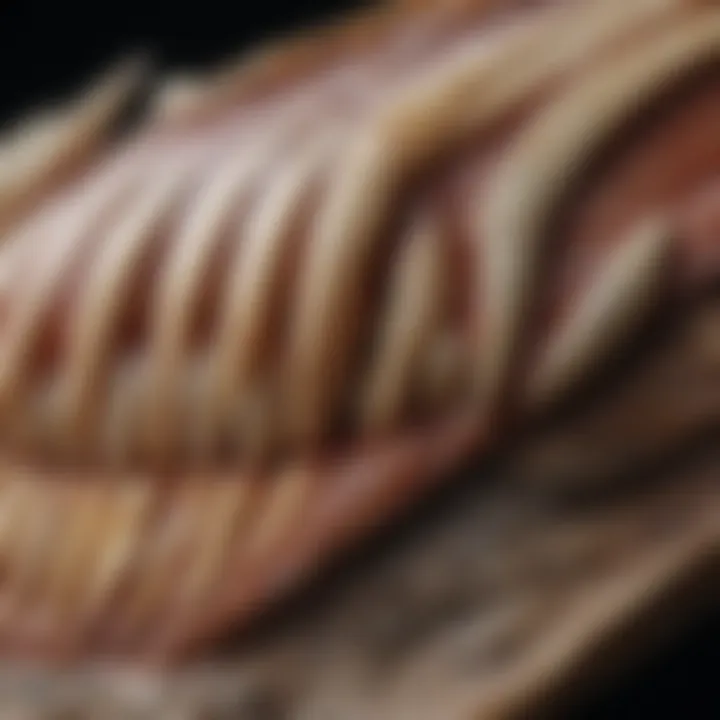 A detailed close-up of a velociraptor tooth showcasing its serrated edges