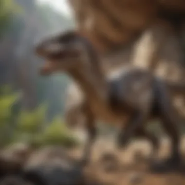 Illustration of a velociraptor in its prehistoric habitat