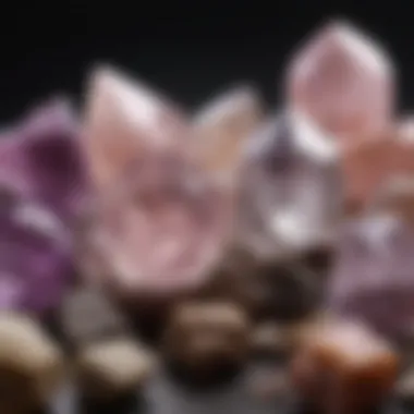 An array of different quartz varieties including amethyst, rose quartz, and smoky quartz