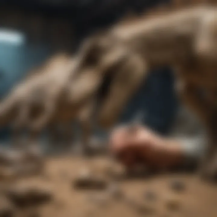 Close-up of a paleontologist examining dinosaur fossils.