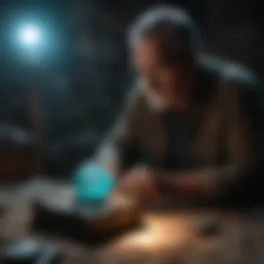 A professional appraiser examining turquoise in a well-lit environment