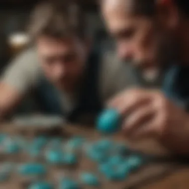 An expert evaluating the quality of turquoise cabochons using industry standards.