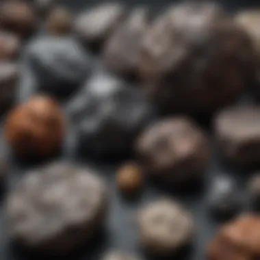 A close-up view of various meteorite specimens showcasing their unique textures and colors