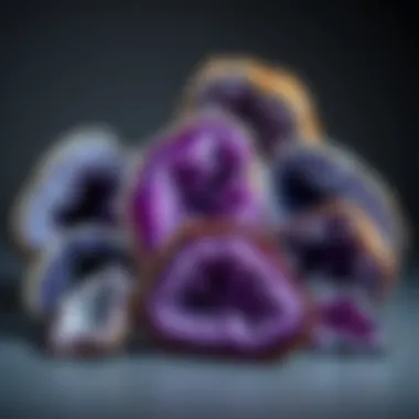 A collection display of various purple geodes highlighting their size and uniqueness