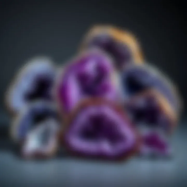 A collection display of various purple geodes highlighting their size and uniqueness