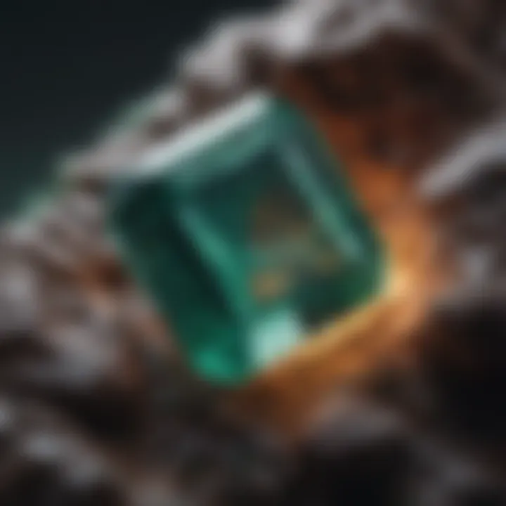 Close-up view of a raw emerald showcasing its natural characteristics