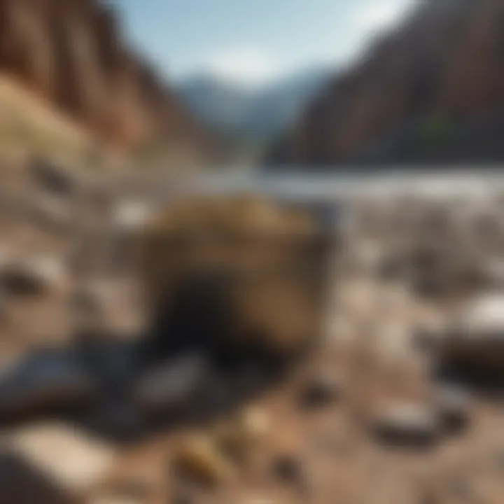 A serene landscape of a gold prospecting site with a bucket in focus