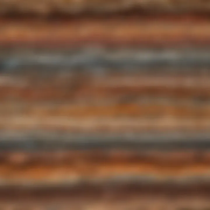 A close-up view of sedimentary rock layers showcasing color variations.