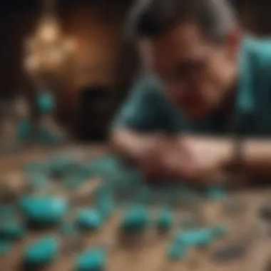 Collector examining turquoise jewelry, emphasizing its cultural significance