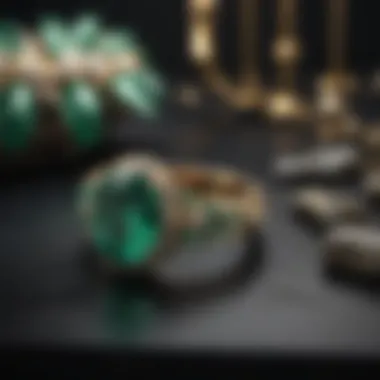 A luxurious emerald jewelry piece set against a dark background